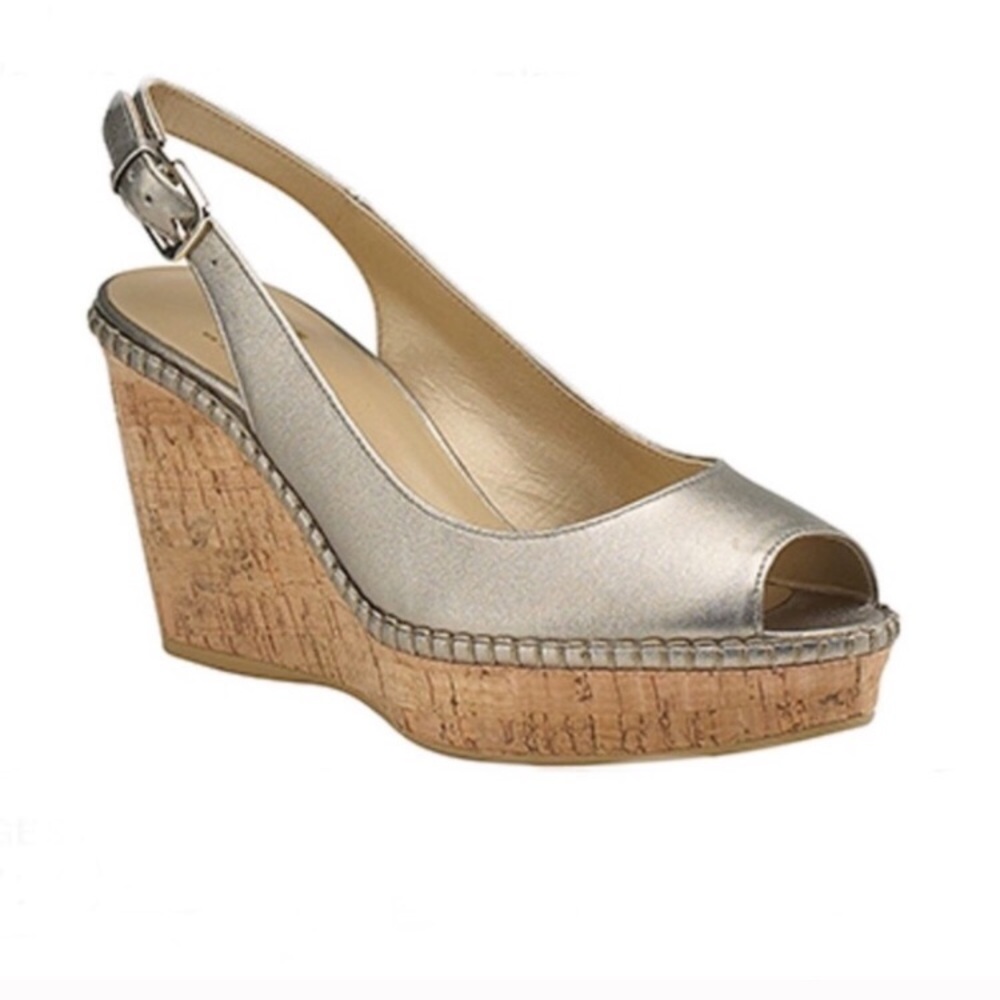 Stuart Weitzman Gold Leather Cork Wedge Size 7.5”